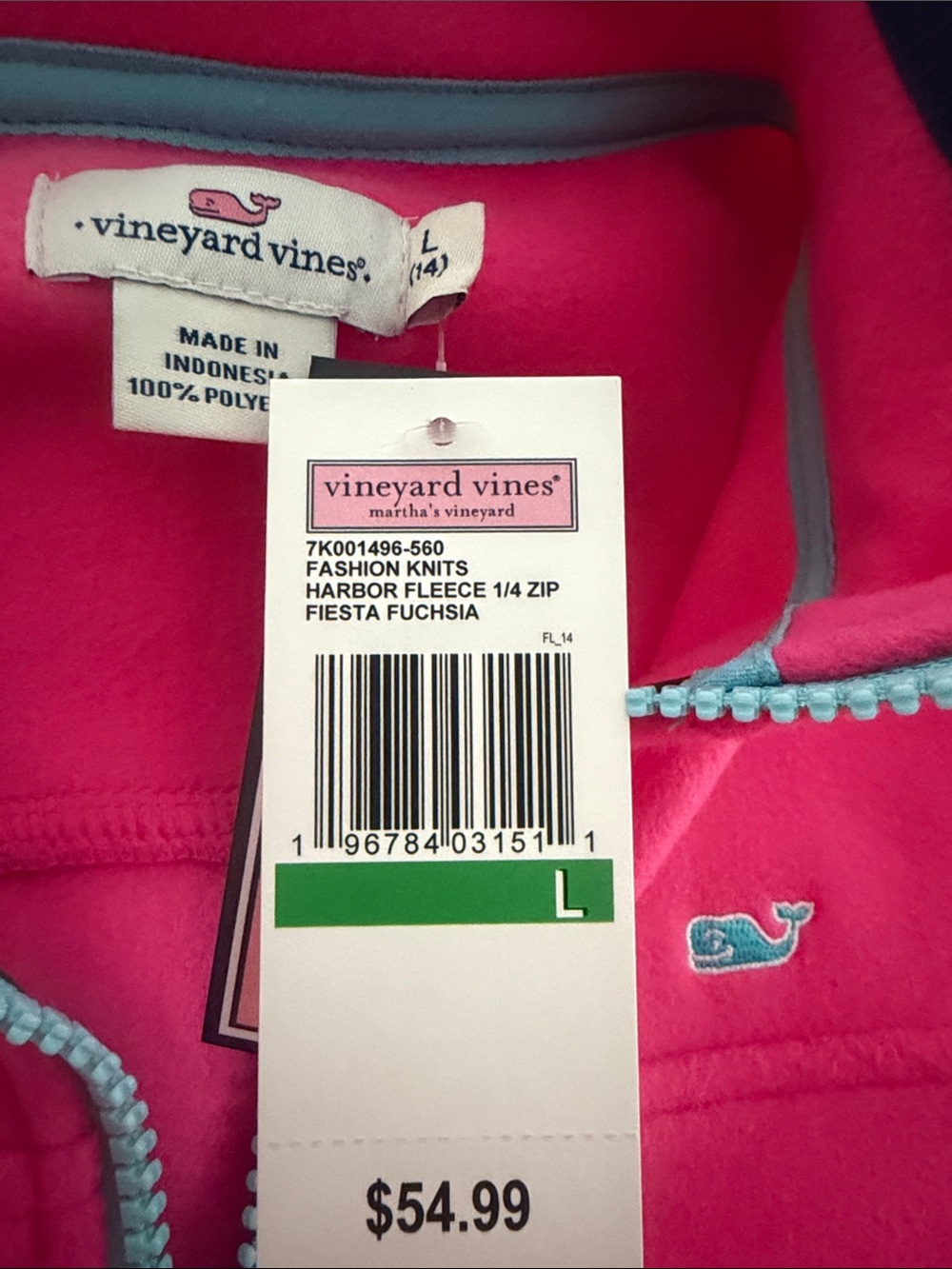 Vineyard Vines Fiesta Fuchsia Quarter-Zip Fleece with Light Blue Trim
